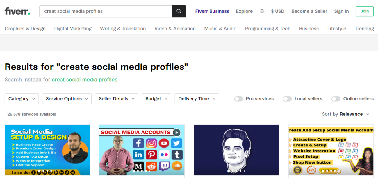 Sử dụng trang Fiverr để tìm kiếm dịch vụ đặt backlink trên social 